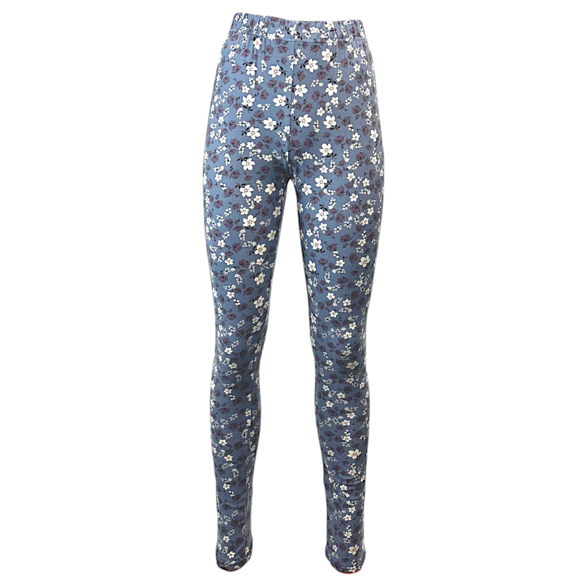 Girls duck egg blue floral print leggings – soft full-length pants with white flower design, casual and comfortable fit.